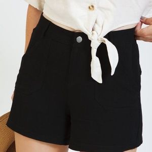 Black Linen Blend Flap Pocket High Waist Shorts